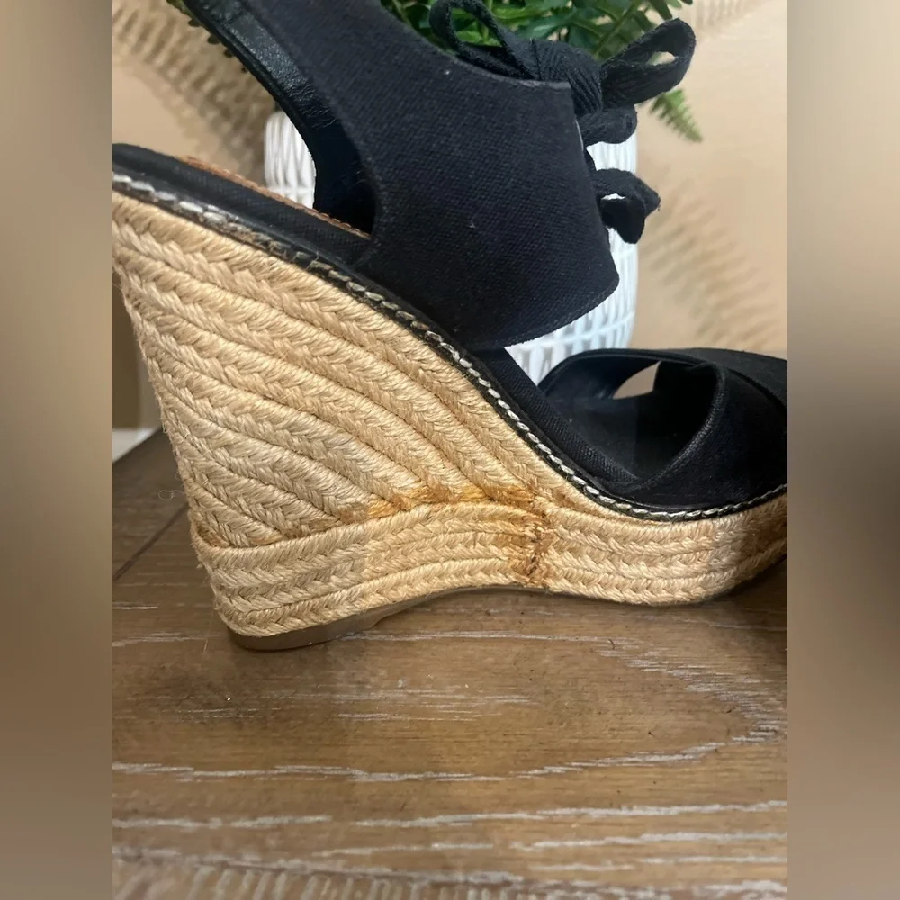 TORY BURCH Black Lace Up Canvas Espadrille Wedges Sandals Size 5